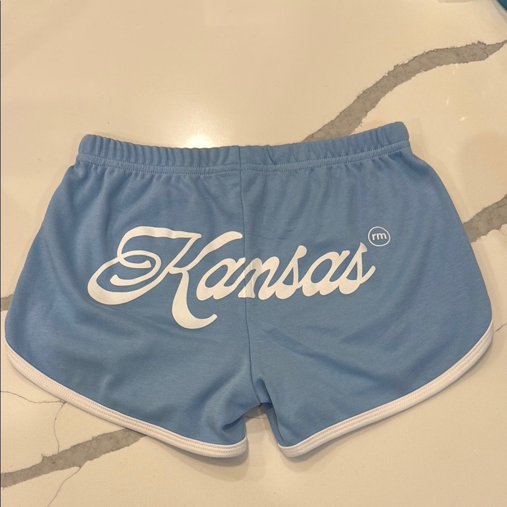 Blue Athletic Shorts with White Trim and Elastic Waistband